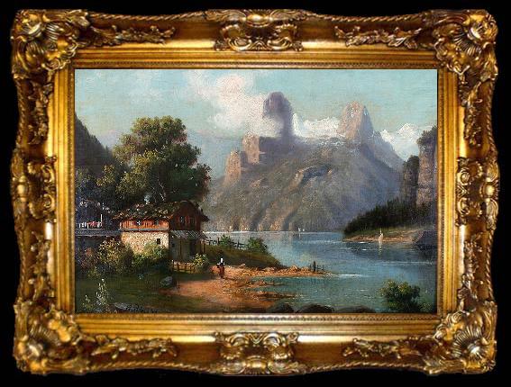 framed  August Peters Cottage with lake and mountains, ta009-2